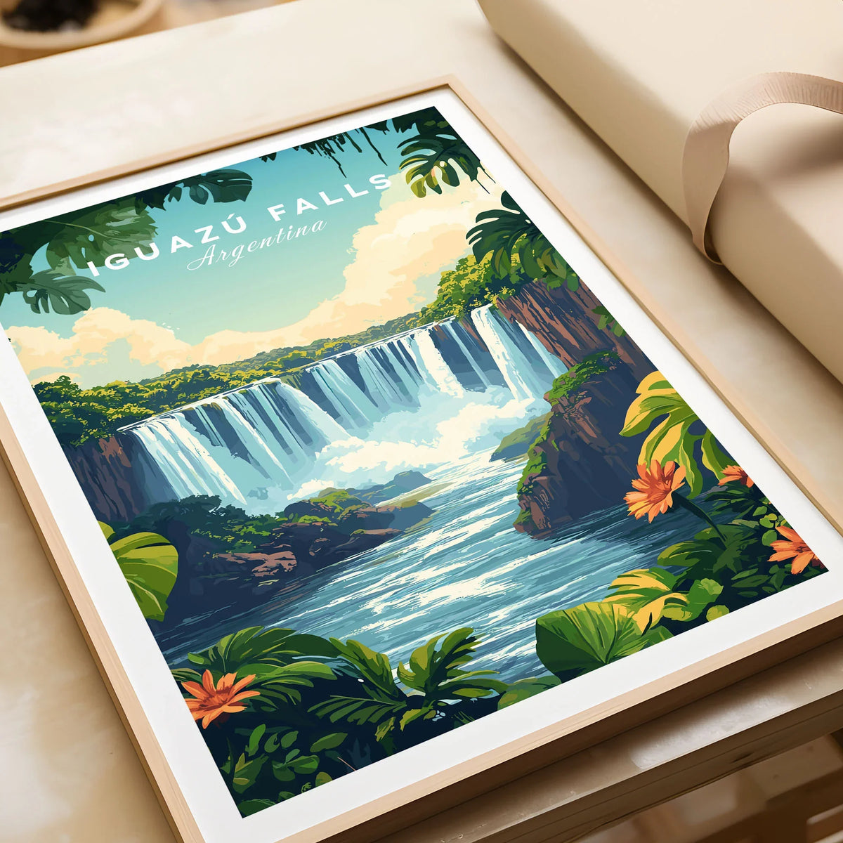 Iguazu Falls Print Argentina in a natural wood frame beside wrapped gift packaging, close-up detail