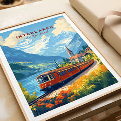 Interlaken Travel Print in a natural wood frame beside wrapped gift packaging, close-up detail