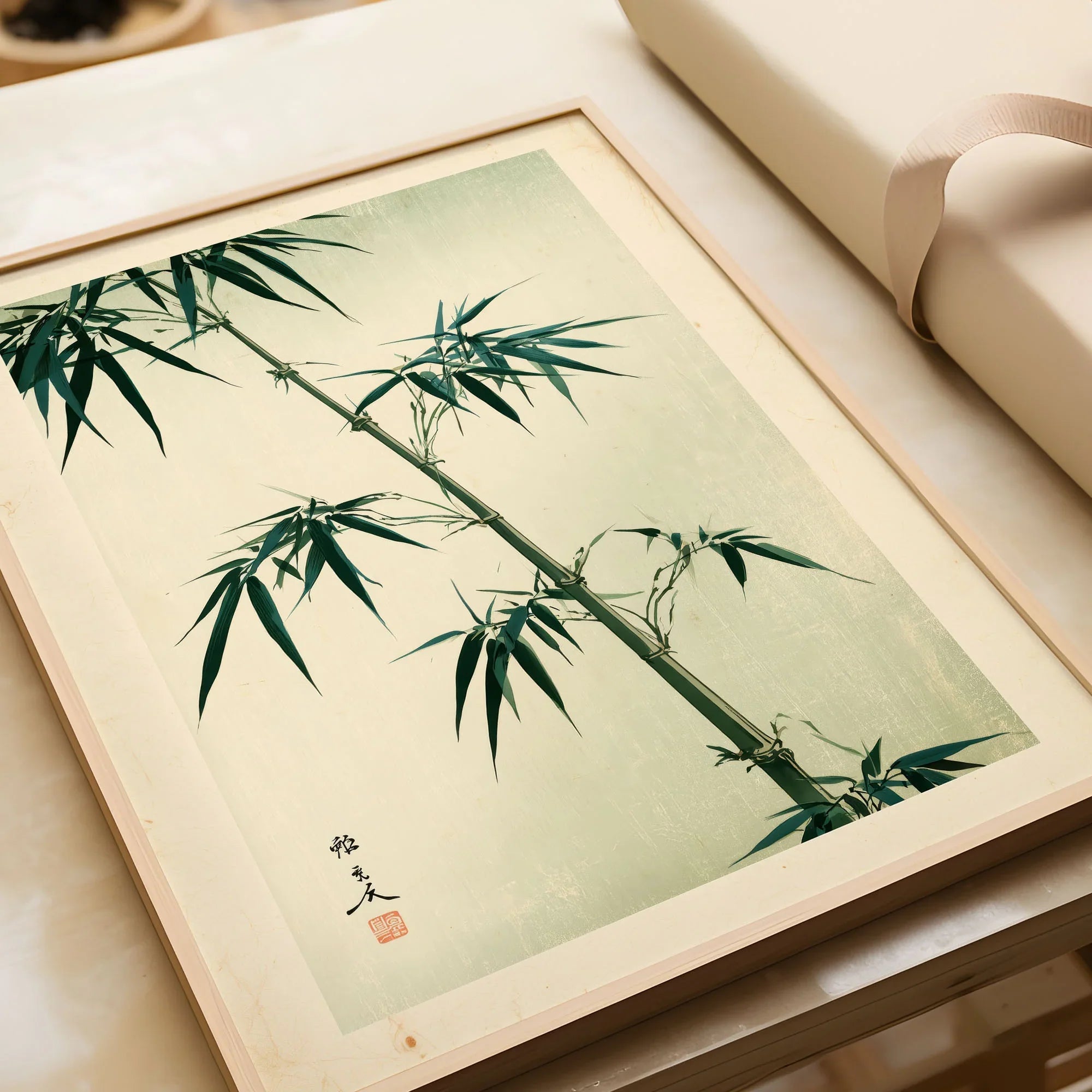 Green Bamboo Art Print – Japanese Botanical Wall Art — framed art print closeup gift unwrapped natural frame