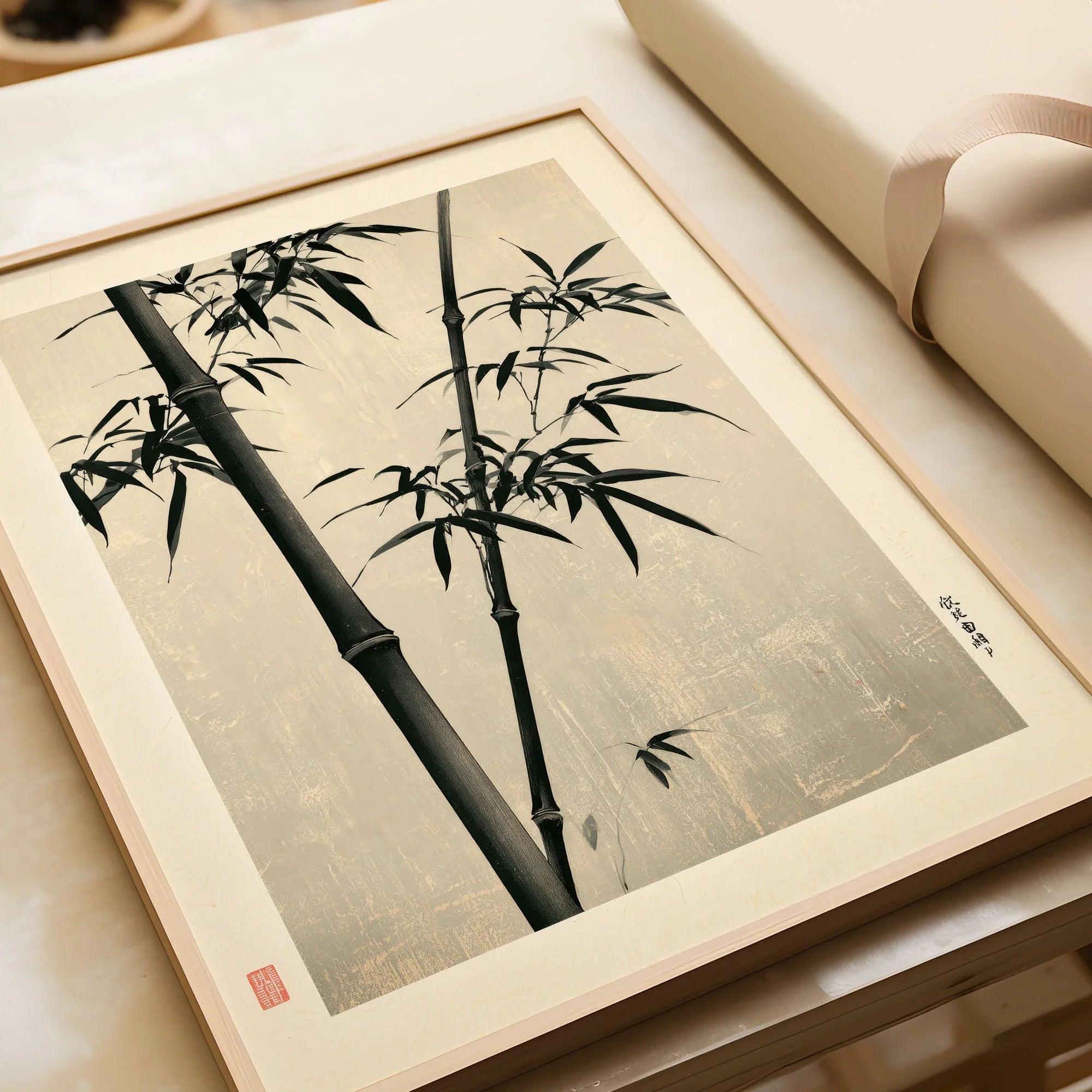 Black Bamboo Art Print – Japanese Ink Wall Art — framed art print closeup gift unwrapped natural frame