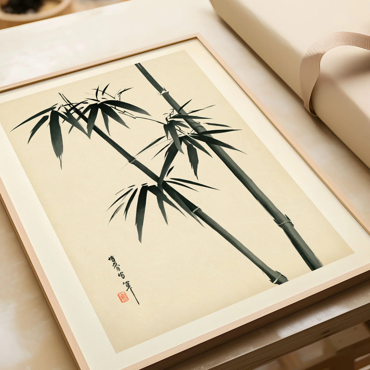 Bamboo Wall Art – Vintage Japanese Ink Print — framed art print closeup gift unwrapped natural frame