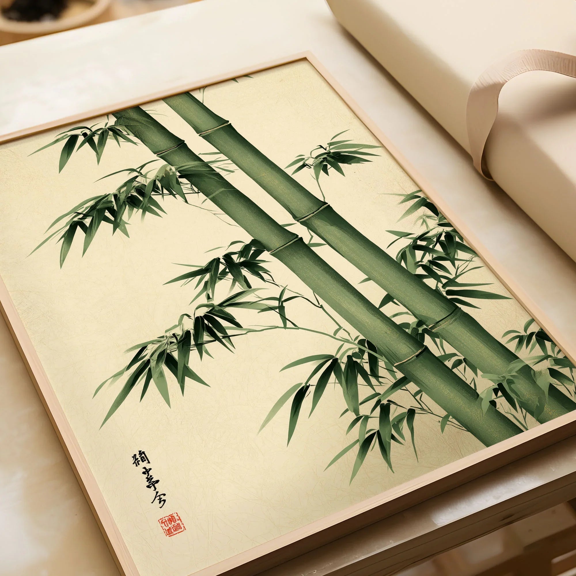 Bamboo Art Print – Green Japanese Botanical Wall Art — framed art print closeup gift unwrapped natural frame