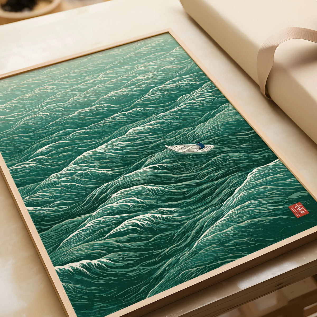 Lone Boat Art Print – Japanese Ocean Wall Art — framed art print closeup gift unwrapped natural frame