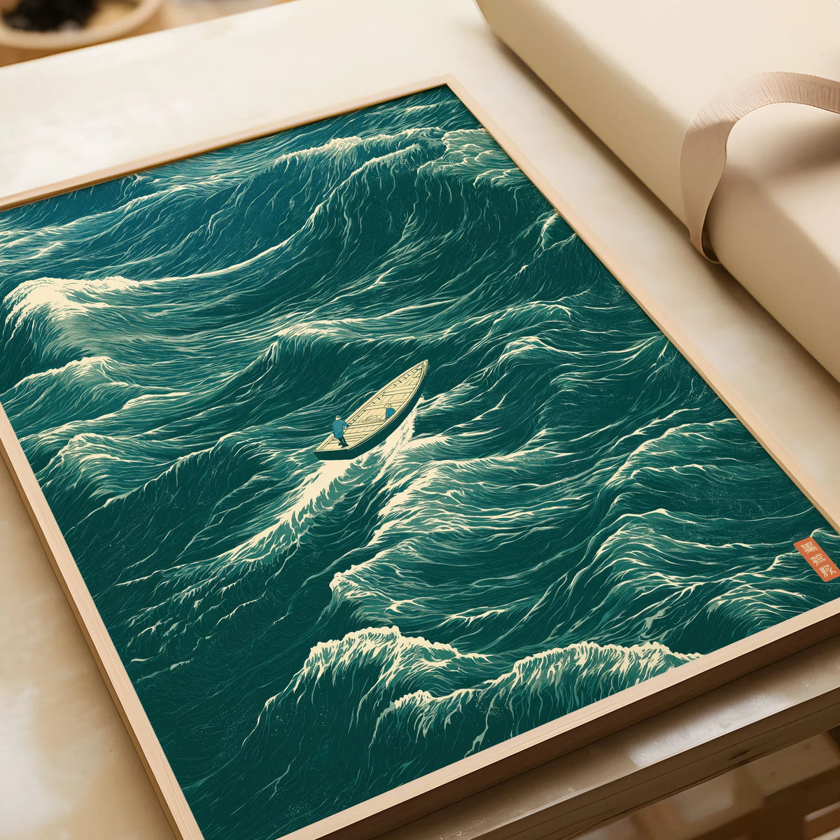 Fishing Boat Wall Art – Vintage Japanese Ocean Print — framed art print closeup gift unwrapped natural frame