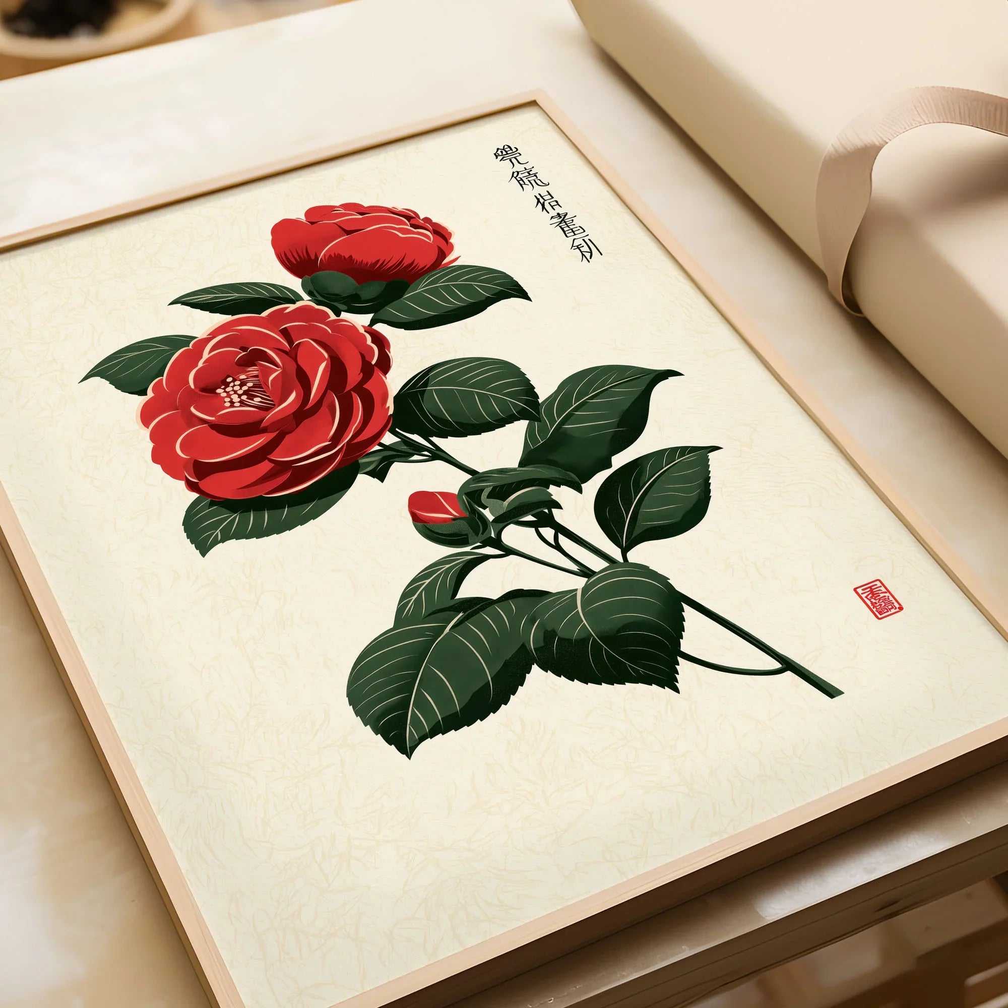 Red Camellia Art Print – Japanese Botanical Wall Art — framed art print closeup gift unwrapped natural frame