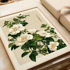 White Camellia Art Print – Vintage Japanese Botanical Wall Art — framed art print closeup gift unwrapped natural frame