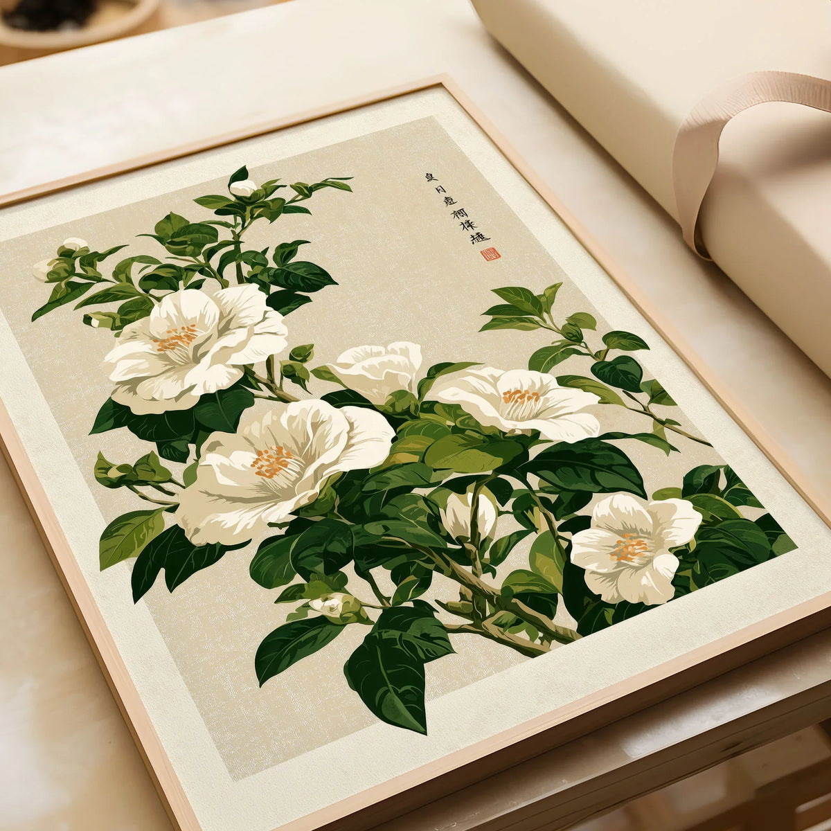 White Camellia Art Print – Vintage Japanese Botanical Wall Art — framed art print closeup gift unwrapped natural frame