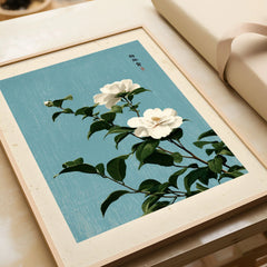 Camellia Wall Art – Blue Japanese Botanical Print — framed art print closeup gift unwrapped natural frame