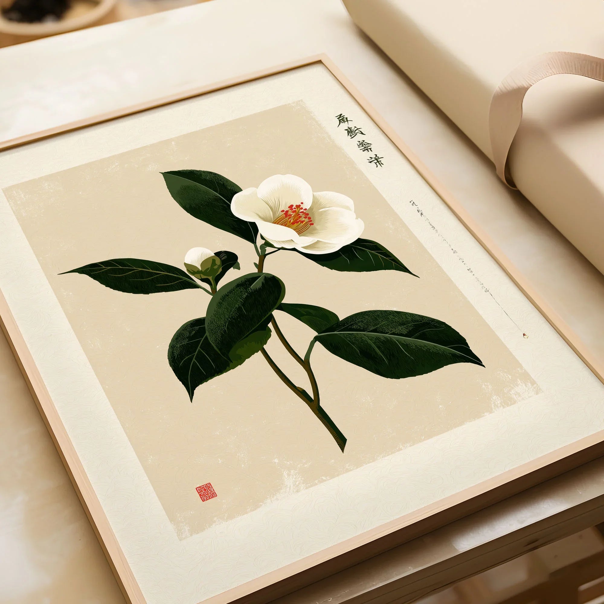 White Camellia Wall Art – Minimalist Japanese Botanical Print — framed art print closeup gift unwrapped natural frame