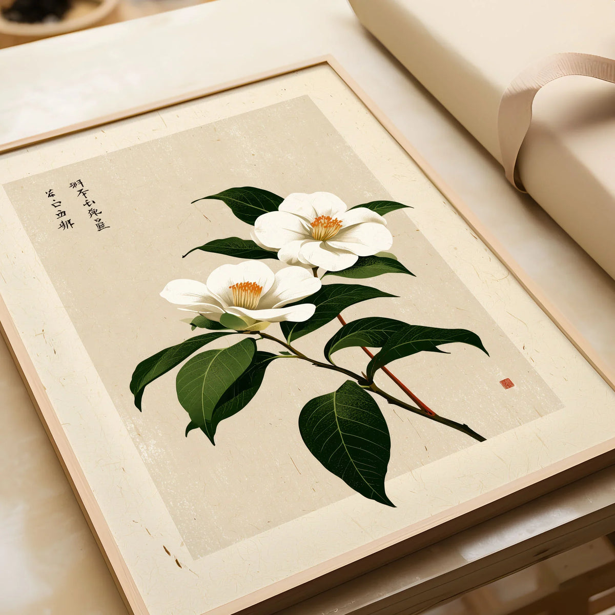 Camellia Art Print – Vintage Japanese Flower Wall Art — framed art print closeup gift unwrapped natural frame