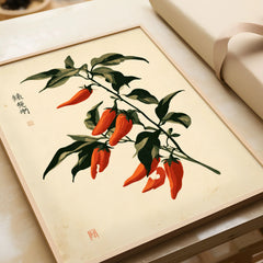 Red Chilli Art Print – Japanese Botanical Kitchen Wall Art — framed art print closeup gift unwrapped natural frame