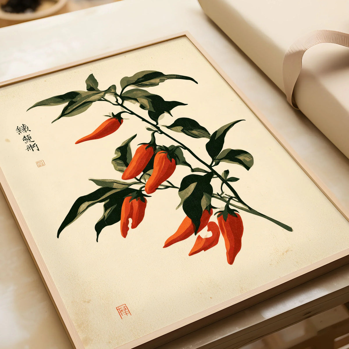 Red Chilli Art Print – Japanese Botanical Kitchen Wall Art — framed art print closeup gift unwrapped natural frame