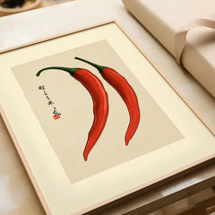 Chilli Pepper Wall Art – Minimalist Japanese Kitchen Print — framed art print closeup gift unwrapped natural frame