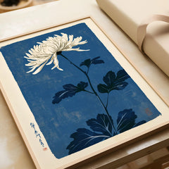 Chrysanthemum Art Print – Blue Japanese Botanical Wall Art — framed art print closeup gift unwrapped natural frame