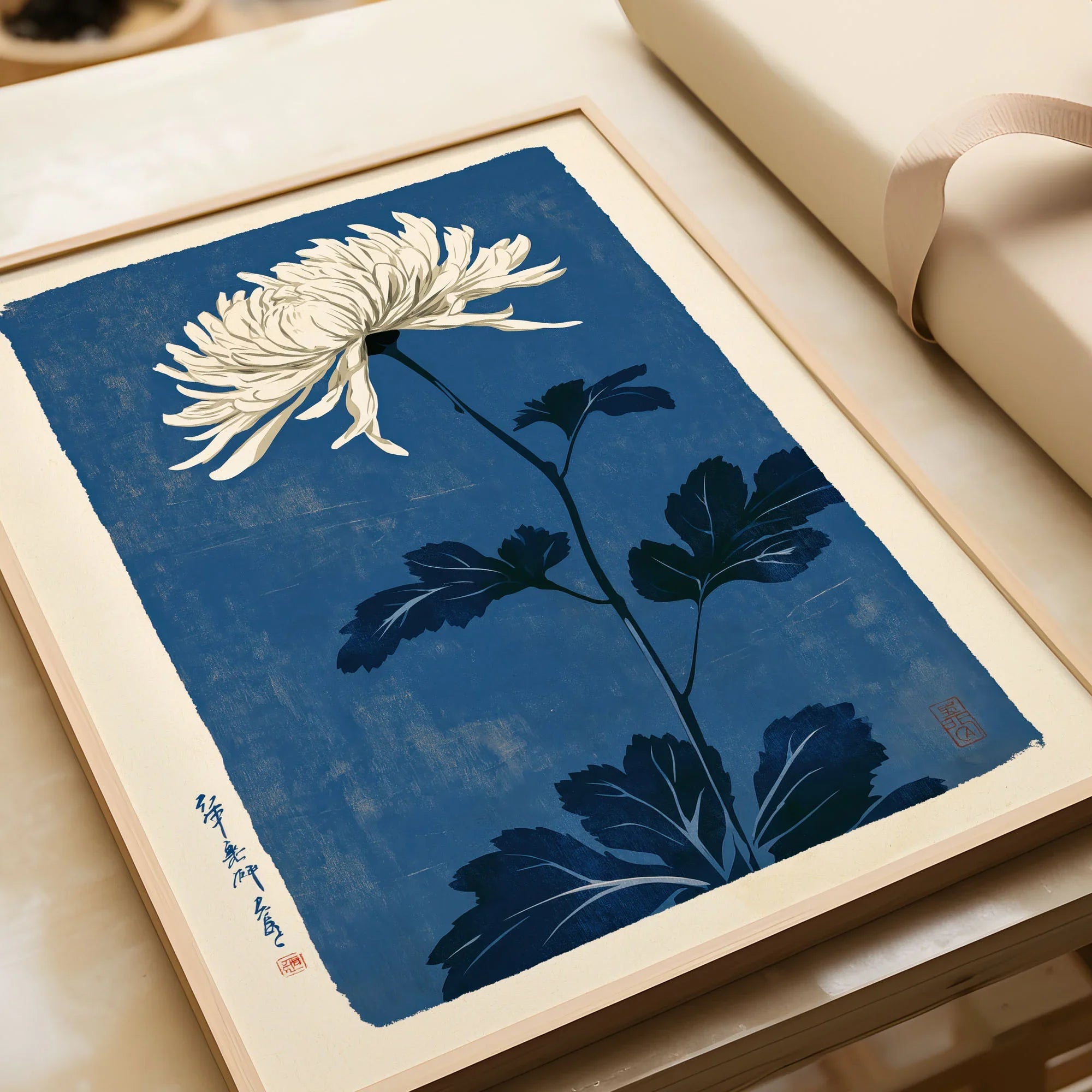 Chrysanthemum Art Print – Blue Japanese Botanical Wall Art — framed art print closeup gift unwrapped natural frame