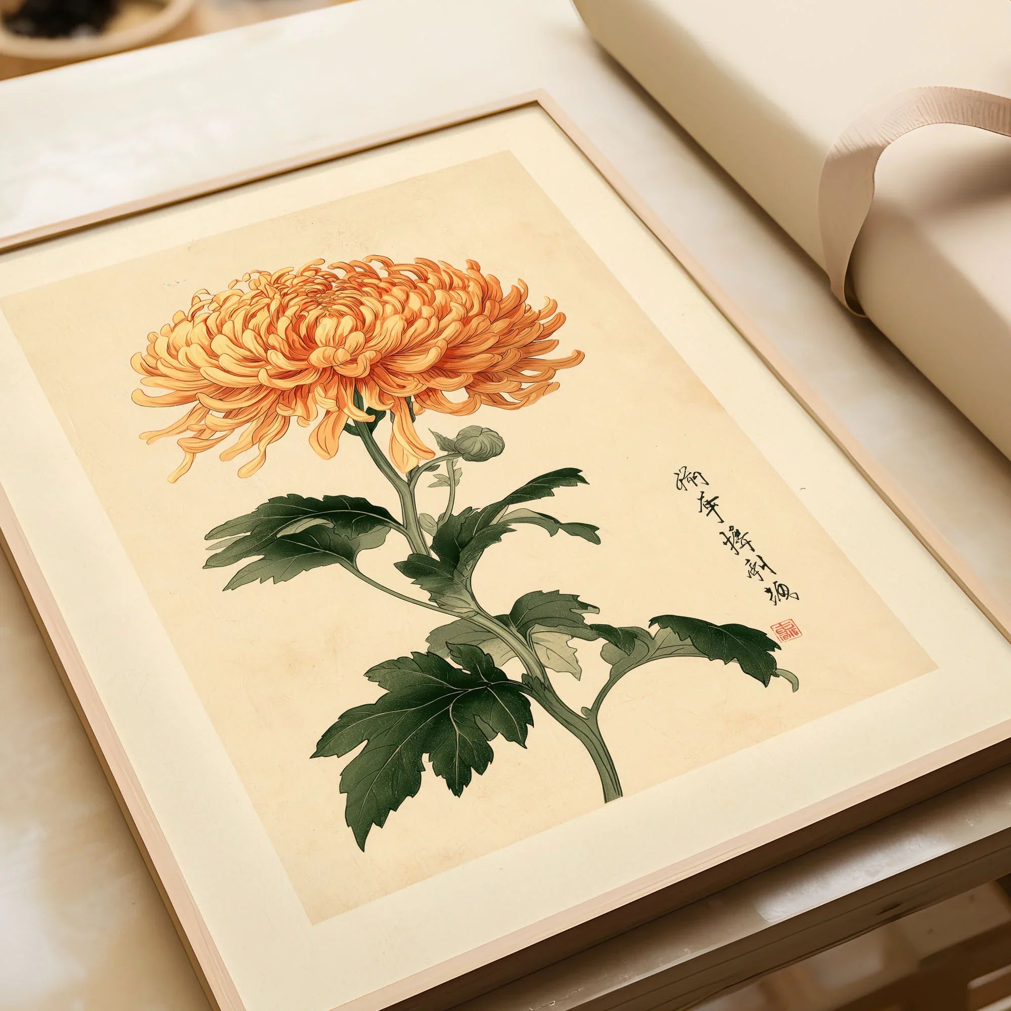 Orange Chrysanthemum Art Print – Vintage Japanese Wall Art — framed art print closeup gift unwrapped natural frame