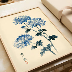 Blue Chrysanthemum Art Print – Japanese Botanical Wall Art — framed art print closeup gift unwrapped natural frame