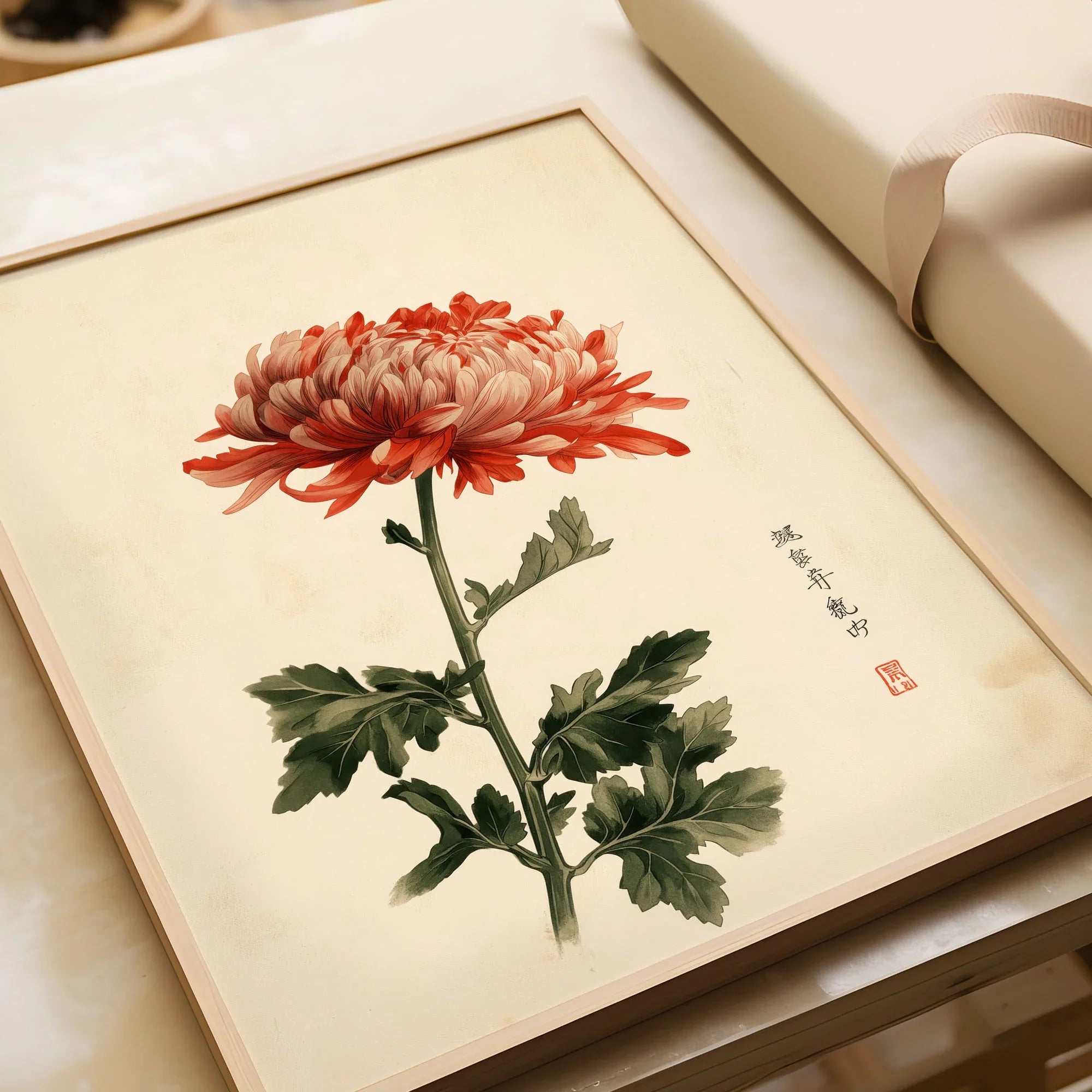 Red Chrysanthemum Art Print – Vintage Japanese Flower Wall Art — framed art print closeup gift unwrapped natural frame