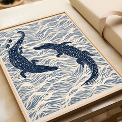 Crocodile Art Print – Blue Japanese Woodblock Wall Art — framed art print closeup gift unwrapped natural frame