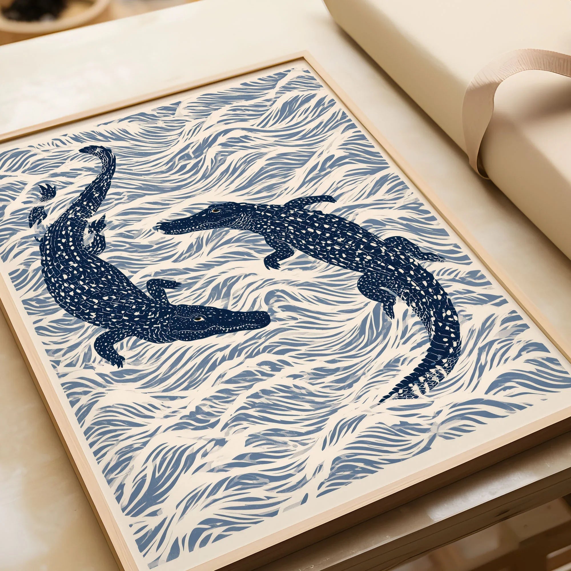 Crocodile Art Print – Blue Japanese Woodblock Wall Art — framed art print closeup gift unwrapped natural frame