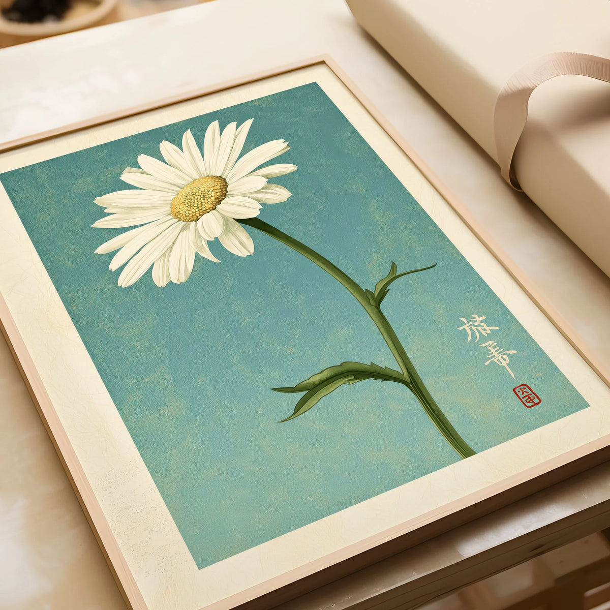 Daisy Art Print – Blue Japanese Botanical Wall Art — framed art print closeup gift unwrapped natural frame
