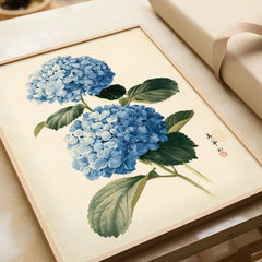 Blue Hydrangea Art Print – Japanese Botanical Wall Art — framed art print closeup gift unwrapped natural frame