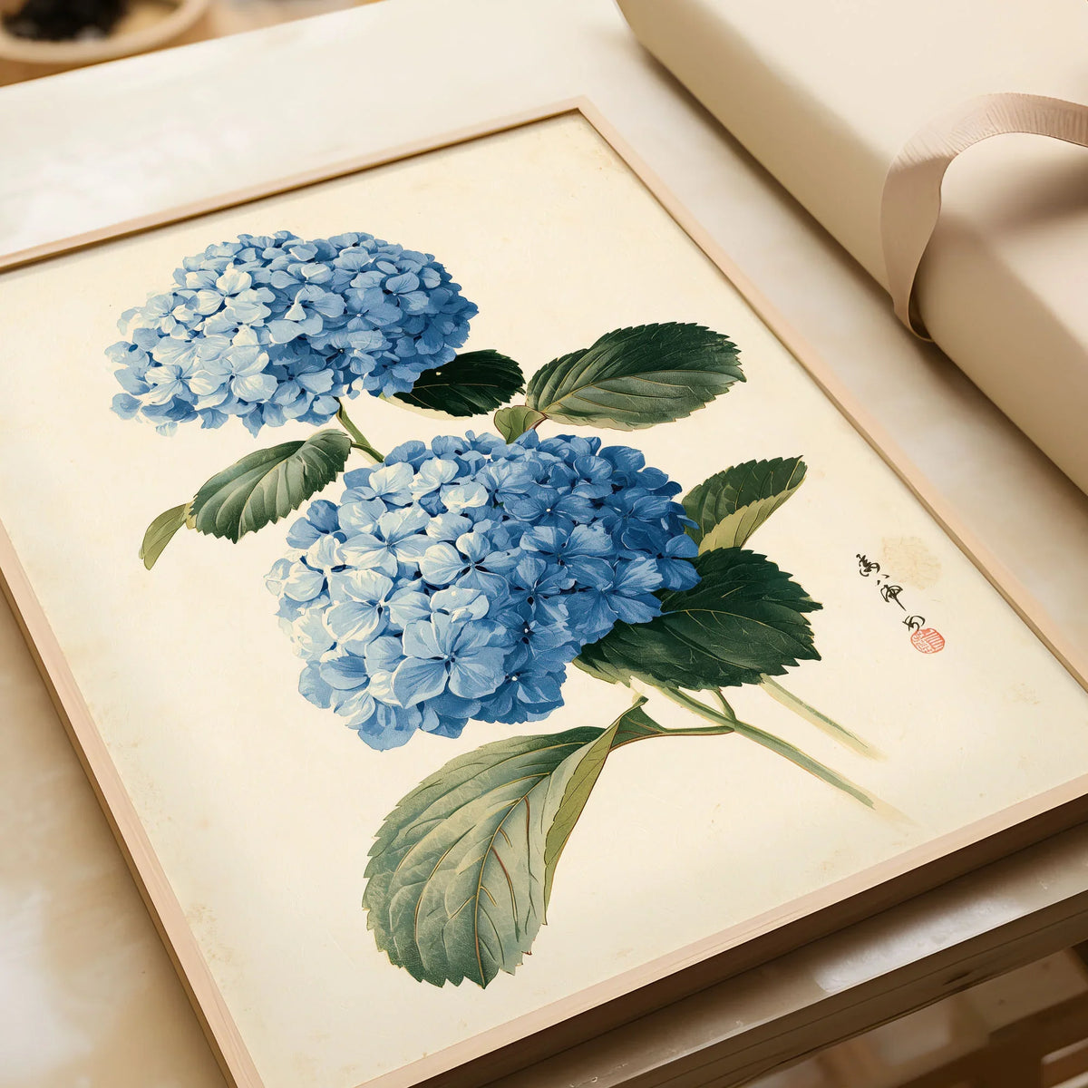 Blue Hydrangea Art Print – Japanese Botanical Wall Art — framed art print closeup gift unwrapped natural frame