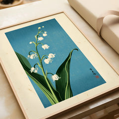 Lily of the Valley Art Print – Blue Japanese Botanical Wall Art — framed art print closeup gift unwrapped natural frame