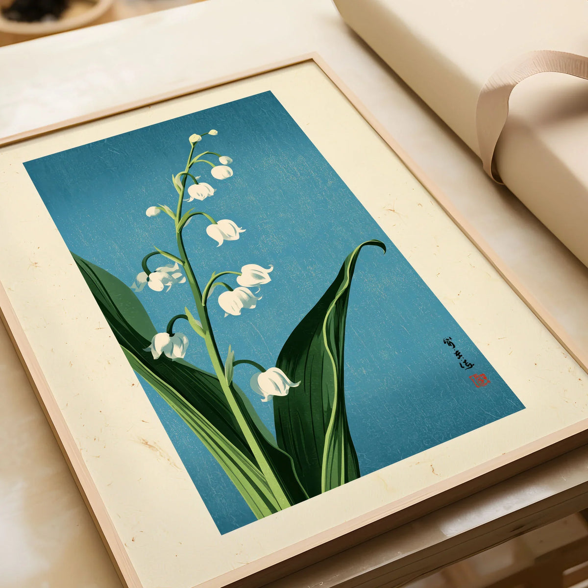 Lily of the Valley Art Print – Blue Japanese Botanical Wall Art — framed art print closeup gift unwrapped natural frame