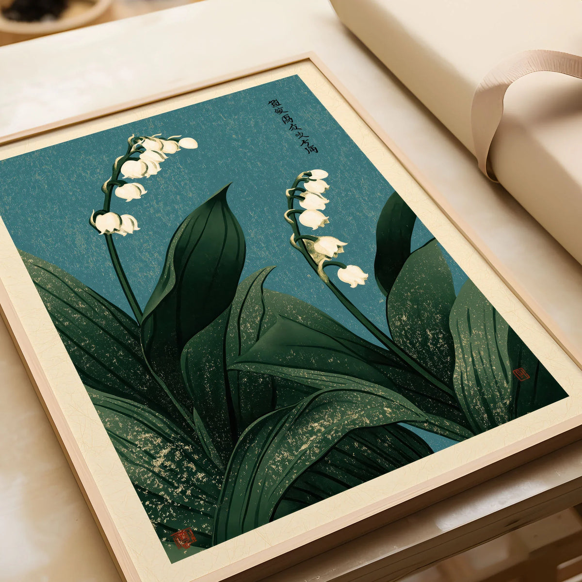 Lily of the Valley Wall Art – Vintage Japanese Botanical Print — framed art print closeup gift unwrapped natural frame