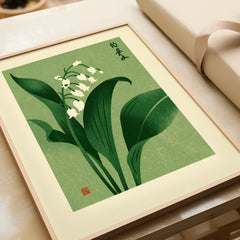 Lily of the Valley Art Print – Green Japanese Botanical Wall Art — framed art print closeup gift unwrapped natural frame