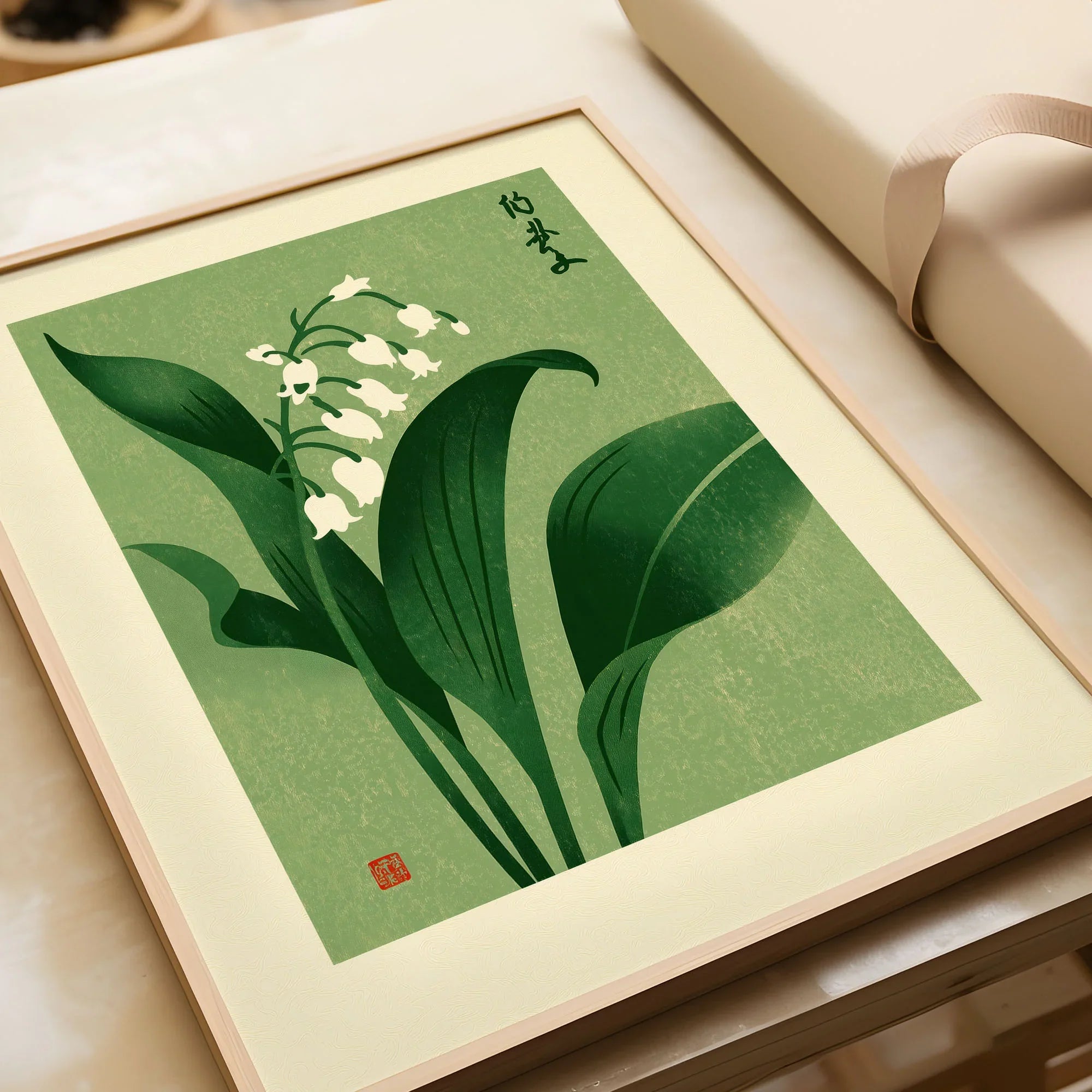 Lily of the Valley Art Print – Green Japanese Botanical Wall Art — framed art print closeup gift unwrapped natural frame