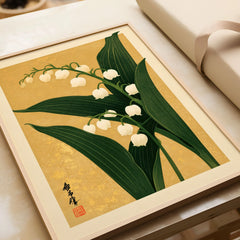 Lily of the Valley Print – Gold Japanese Botanical Wall Art — framed art print closeup gift unwrapped natural frame
