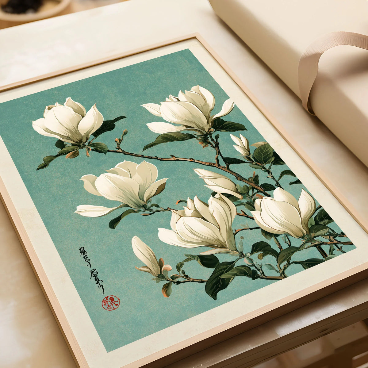 Magnolia Art Print – Blue Japanese Botanical Wall Art — framed art print closeup gift unwrapped natural frame