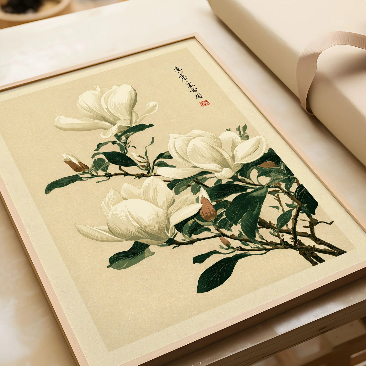 Magnolia Wall Art – Vintage Japanese Botanical Print — framed art print closeup gift unwrapped natural frame