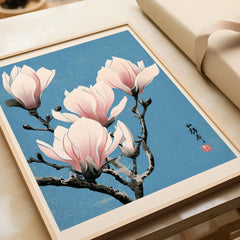 Pink Magnolia Art Print – Blue Japanese Botanical Wall Art — framed art print closeup gift unwrapped natural frame