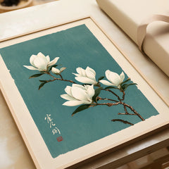 White Magnolia Art Print – Teal Japanese Botanical Wall Art — framed art print closeup gift unwrapped natural frame