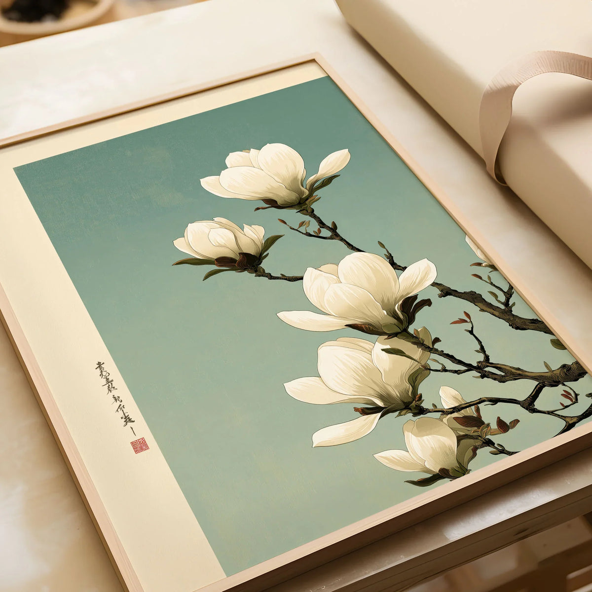 Magnolia Blossom Art Print – Soft Japanese Botanical Wall Art — framed art print closeup gift unwrapped natural frame