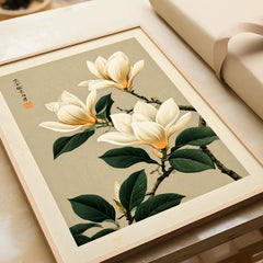 Magnolia Flower Wall Art – Neutral Japanese Botanical Print — framed art print closeup gift unwrapped natural frame