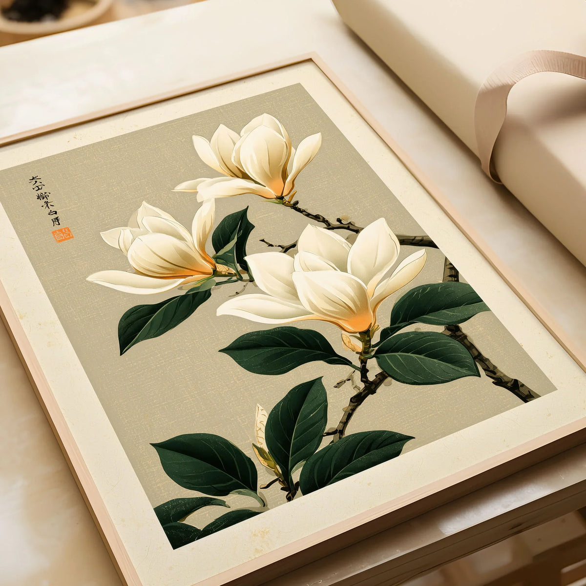 Magnolia Flower Wall Art – Neutral Japanese Botanical Print — framed art print closeup gift unwrapped natural frame