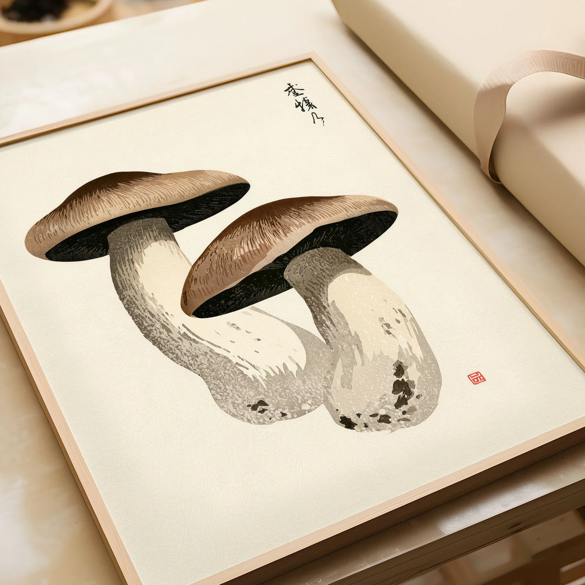 Mushroom Art Print – Vintage Japanese Botanical Wall Art — framed art print closeup gift unwrapped natural frame