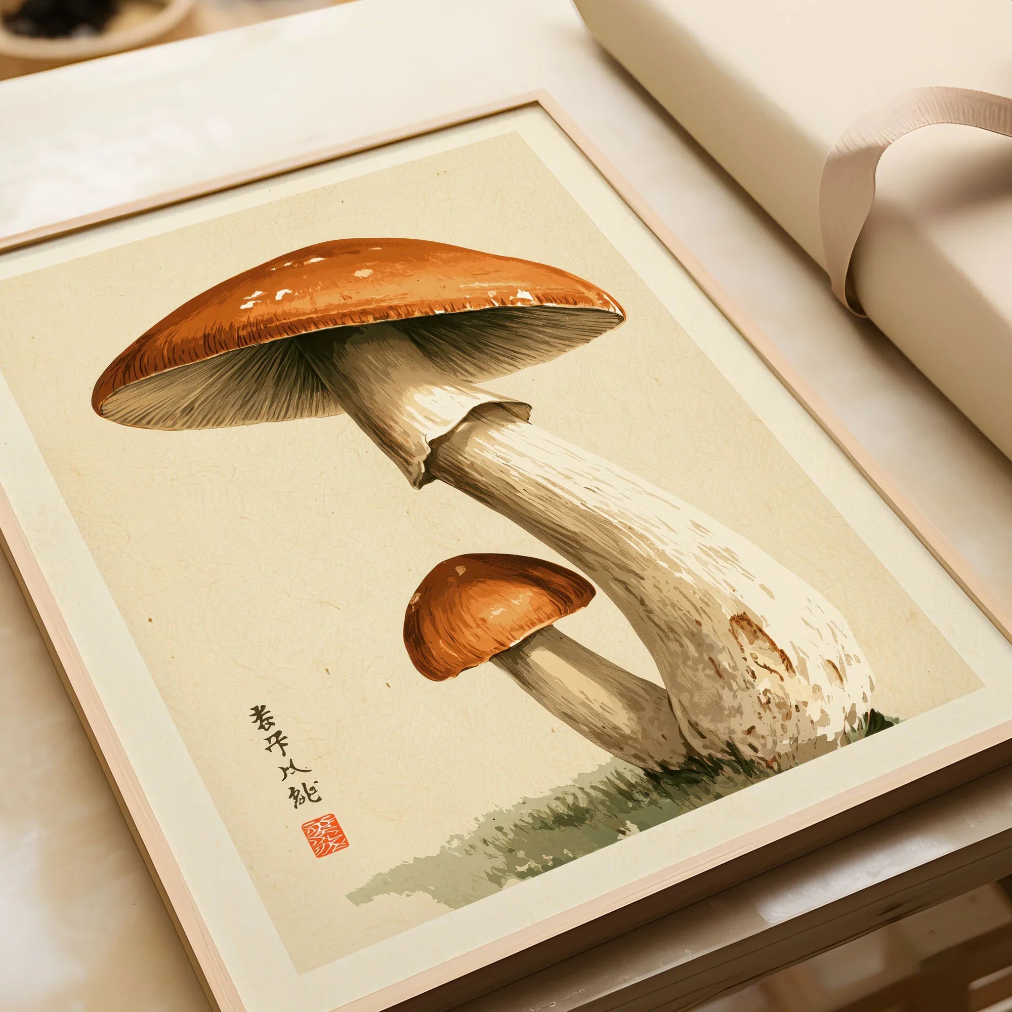 Mushroom Wall Art – Vintage Japanese Woodland Print — framed art print closeup gift unwrapped natural frame