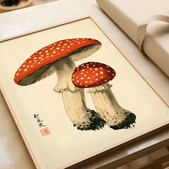 Fly Agaric Mushroom Art Print – Red Japanese Wall Art — framed art print closeup gift unwrapped natural frame