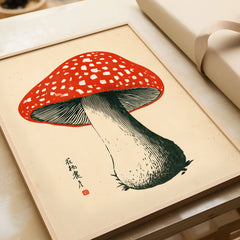 Red Mushroom Art Print – Japanese Woodblock Wall Art — framed art print closeup gift unwrapped natural frame