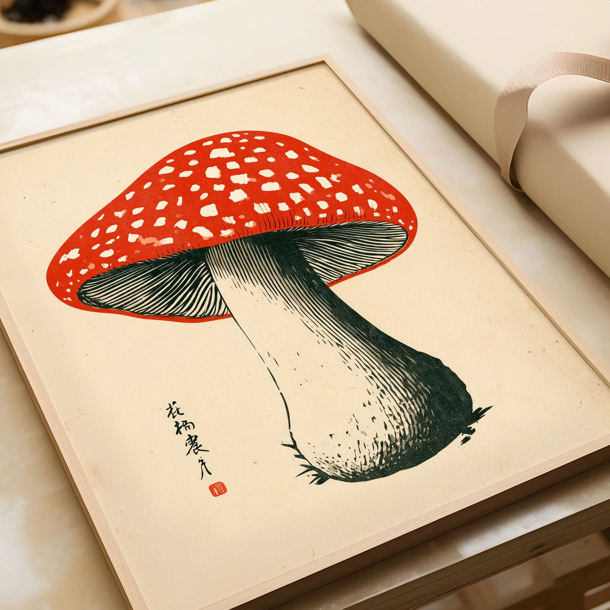 Red Mushroom Art Print – Japanese Woodblock Wall Art — framed art print closeup gift unwrapped natural frame