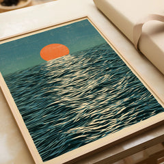 Ocean Sunset Art Print – Japanese Seascape Wall Art — framed art print closeup gift unwrapped natural frame