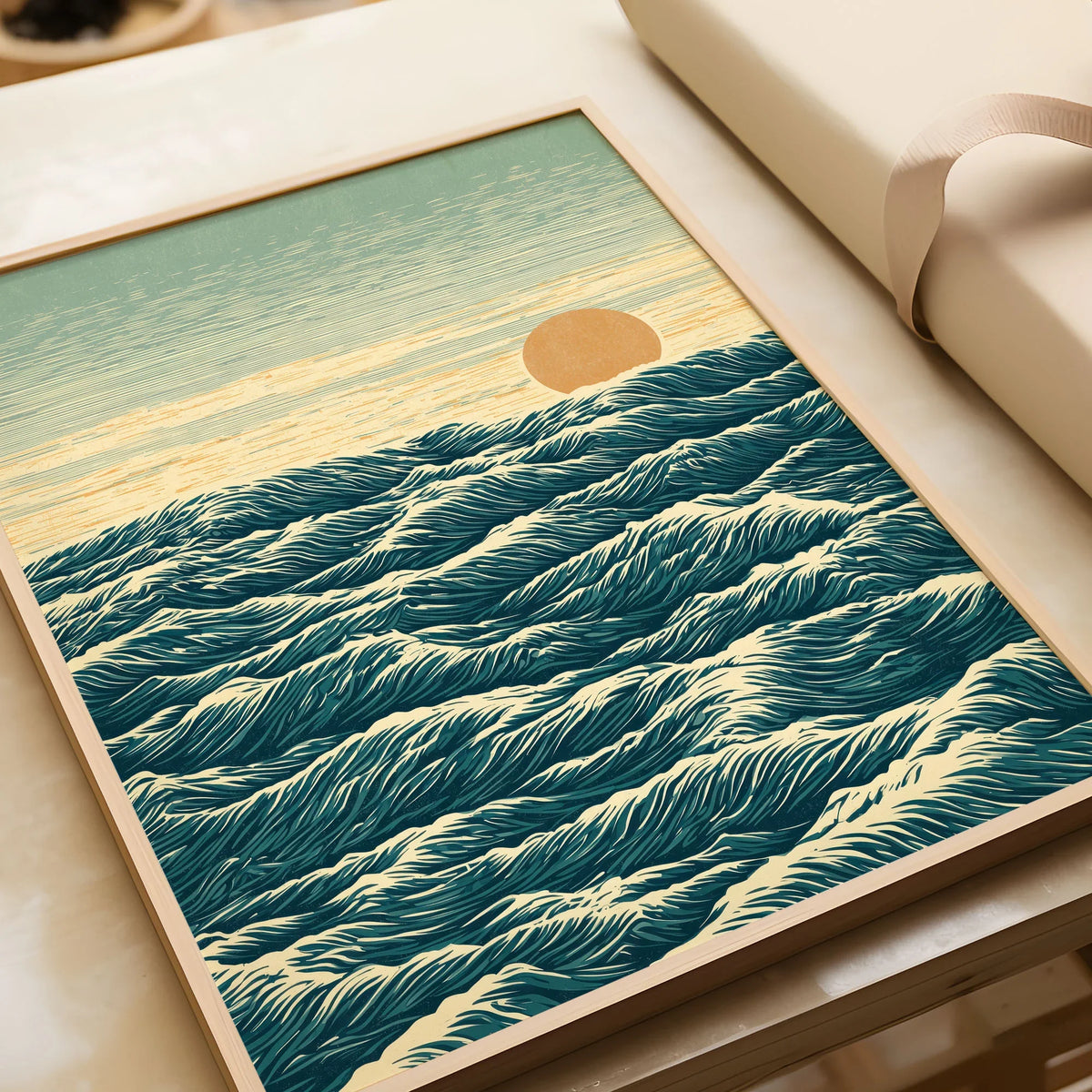 Japanese Ocean Art Print – Vintage Seascape Wall Art — framed art print closeup gift unwrapped natural frame
