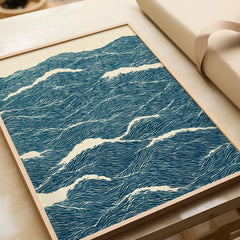 Ocean Waves Art Print – Blue Japanese Seascape Wall Art — framed art print closeup gift unwrapped natural frame