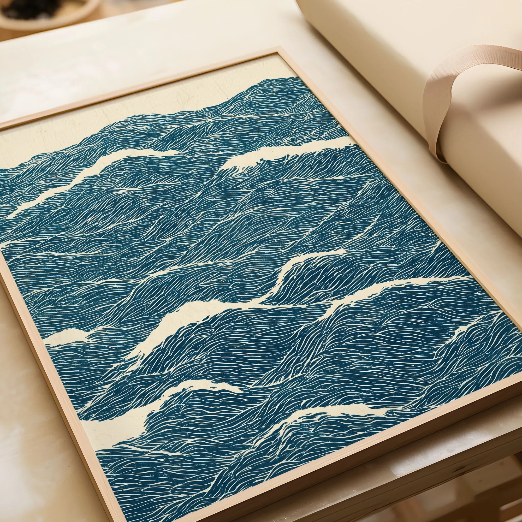 Ocean Waves Art Print – Blue Japanese Seascape Wall Art — framed art print closeup gift unwrapped natural frame