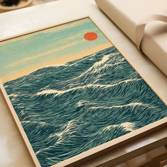 Red Sun Ocean Art Print – Japanese Seascape Wall Art — framed art print closeup gift unwrapped natural frame